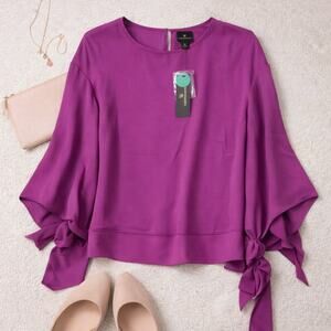 Worthington Purple Blouse Tie Sleeve Flowy Top NWT XS